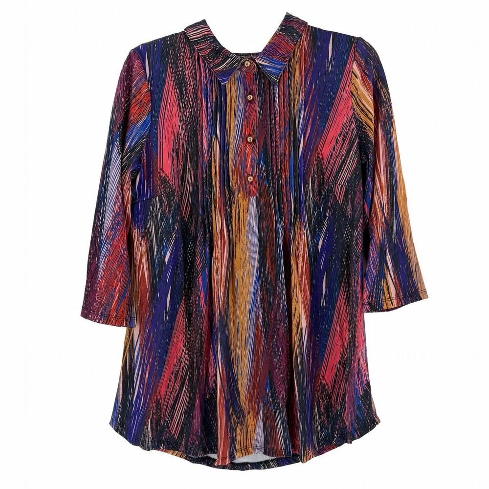 Serengeti S Blazing Brushstrokes Pintuck Tunic Multi 3/4 Sleeve Abstract